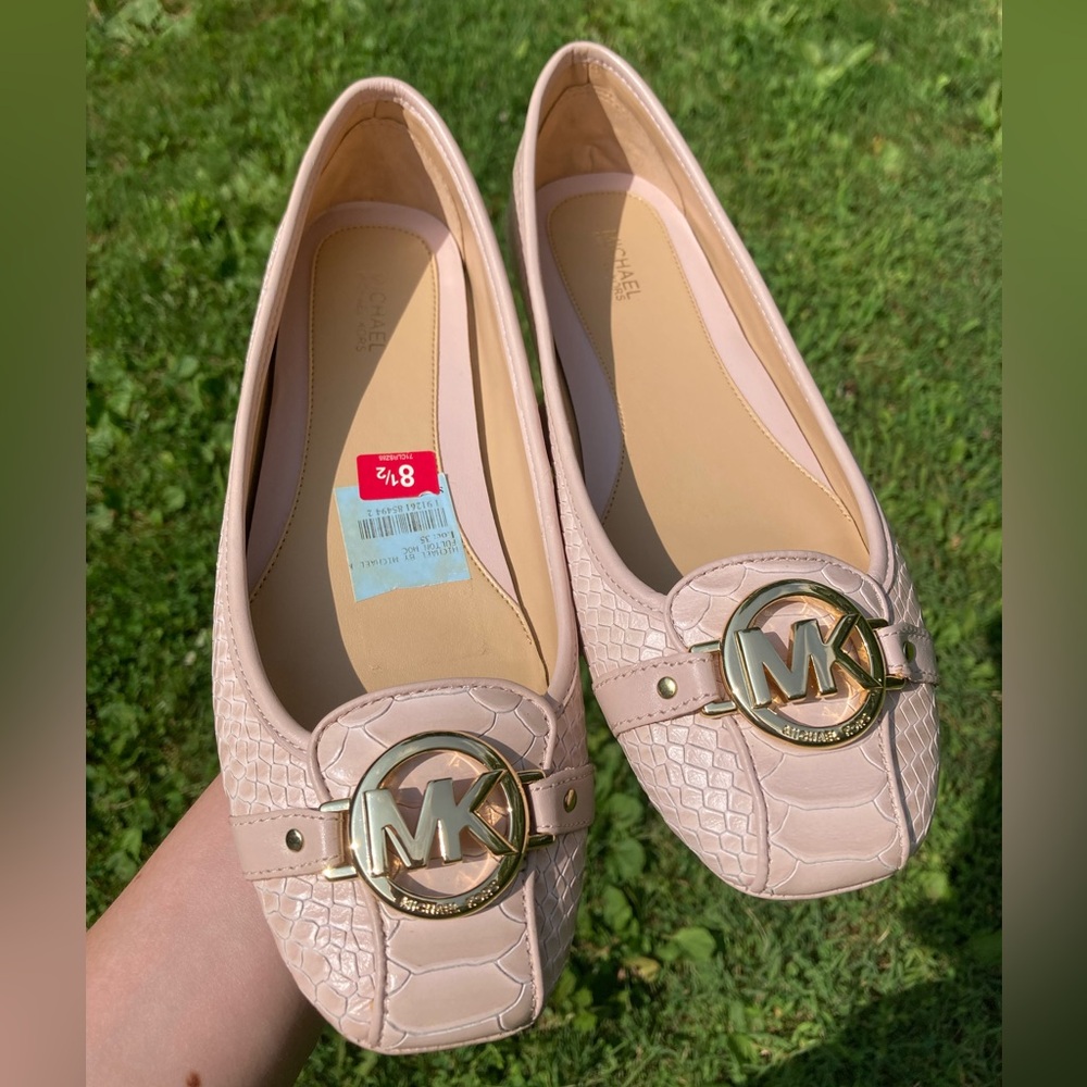 Michael Kors Fulton Pink Leather Snakeskin Ballet Flats Gold Hardware Logo - Picture 3 of 17